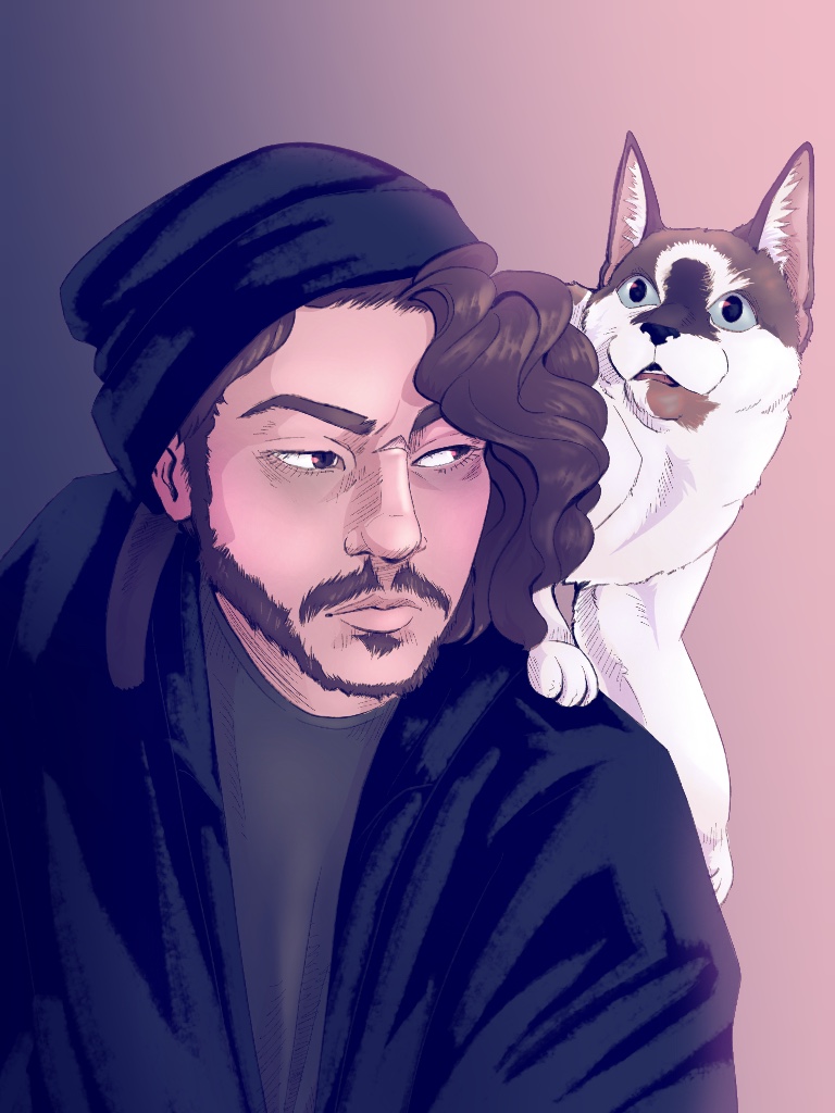 Digital self portrait of the artist with their cat standing on their shoulder.
